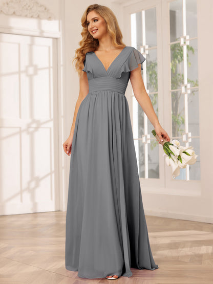 Vestidos Longos de Dama de Honra Evasê/Princesa com Decote Em V e Lado Dividido
