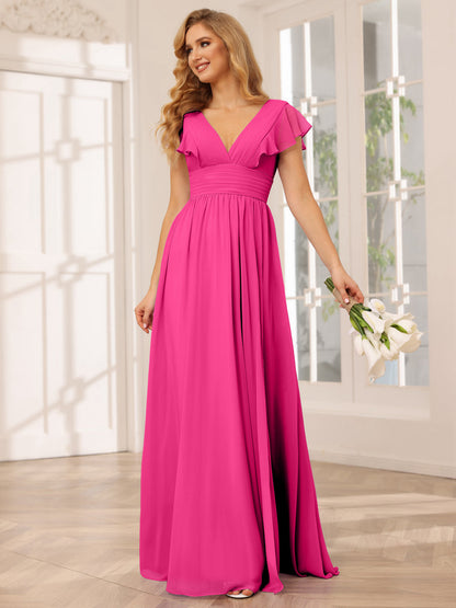 Vestidos Longos de Dama de Honra Evasê/Princesa com Decote Em V e Lado Dividido