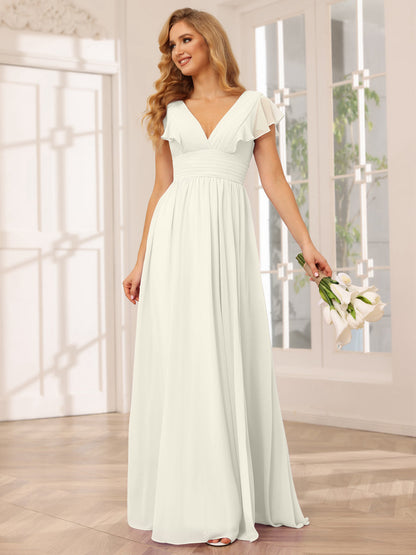 Vestidos Longos de Dama de Honra Evasê/Princesa com Decote Em V e Lado Dividido