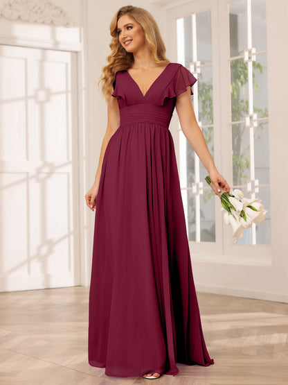 Vestidos Longos de Dama de Honra Evasê/Princesa com Decote Em V e Lado Dividido