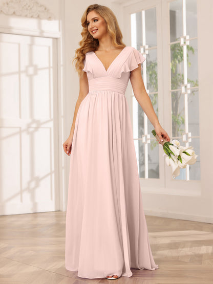 Vestidos Longos de Dama de Honra Evasê/Princesa com Decote Em V e Lado Dividido