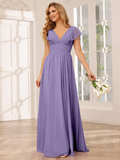 Vestidos Longos de Dama de Honra Evasê/Princesa com Decote Em V e Lado Dividido