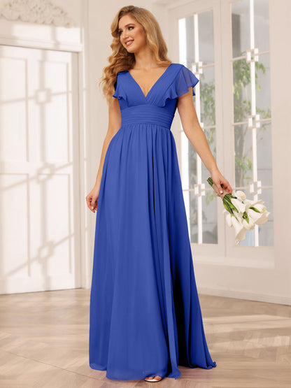 Vestidos Longos de Dama de Honra Evasê/Princesa com Decote Em V e Lado Dividido