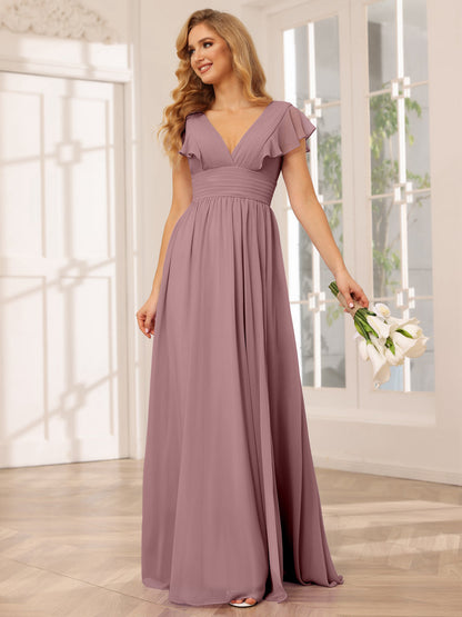 Vestidos Longos de Dama de Honra Evasê/Princesa com Decote Em V e Lado Dividido