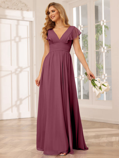 Vestidos Longos de Dama de Honra Evasê/Princesa com Decote Em V e Lado Dividido