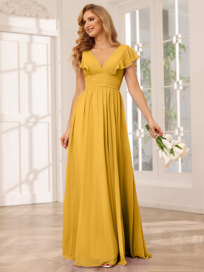 Vestidos Longos de Dama de Honra Evasê/Princesa com Decote Em V e Lado Dividido