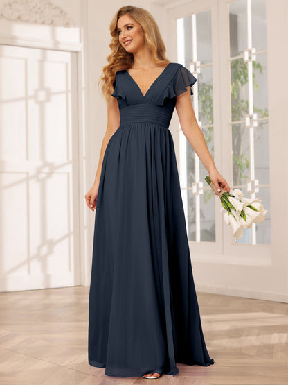 Vestidos Longos de Dama de Honra Evasê/Princesa com Decote Em V e Lado Dividido