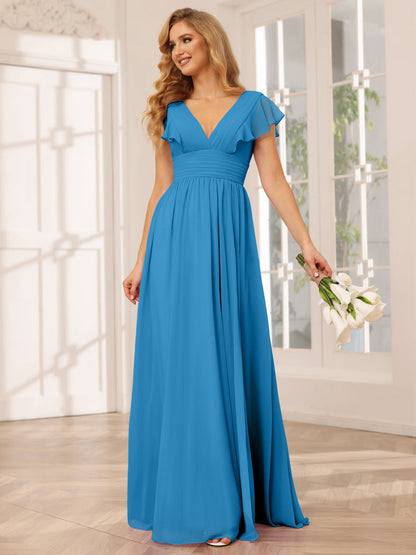 Vestidos Longos de Dama de Honra Evasê/Princesa com Decote Em V e Lado Dividido