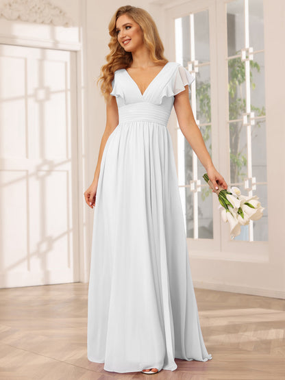 Vestidos Longos de Dama de Honra Evasê/Princesa com Decote Em V e Lado Dividido