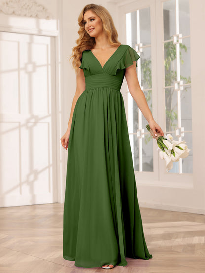 Vestidos Longos de Dama de Honra Evasê/Princesa com Decote Em V e Lado Dividido
