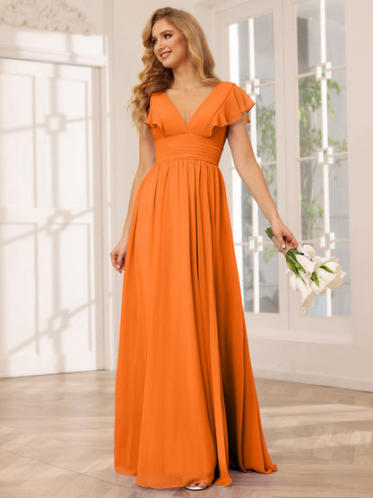 Vestidos Longos de Dama de Honra Evasê/Princesa com Decote Em V e Lado Dividido