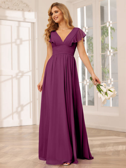 Vestidos Longos de Dama de Honra Evasê/Princesa com Decote Em V e Lado Dividido