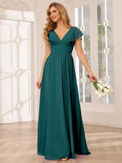 Vestidos Longos de Dama de Honra Evasê/Princesa com Decote Em V e Lado Dividido