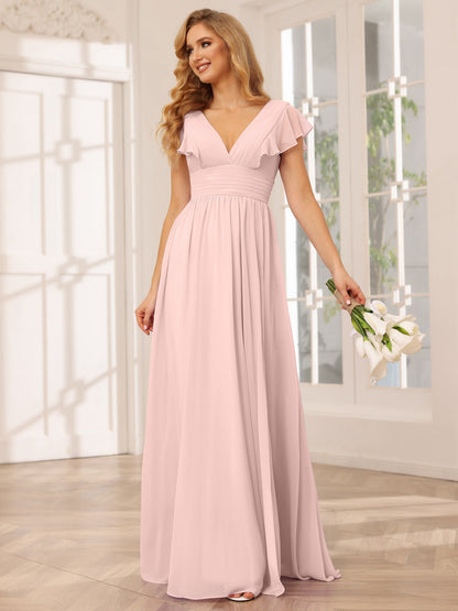 Vestidos Longos de Dama de Honra Evasê/Princesa com Decote Em V e Lado Dividido