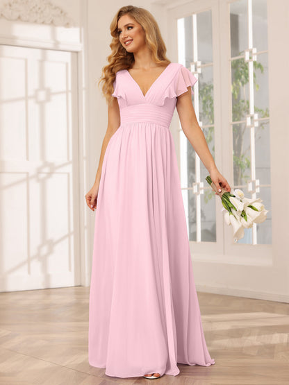 Vestidos Longos de Dama de Honra Evasê/Princesa com Decote Em V e Lado Dividido
