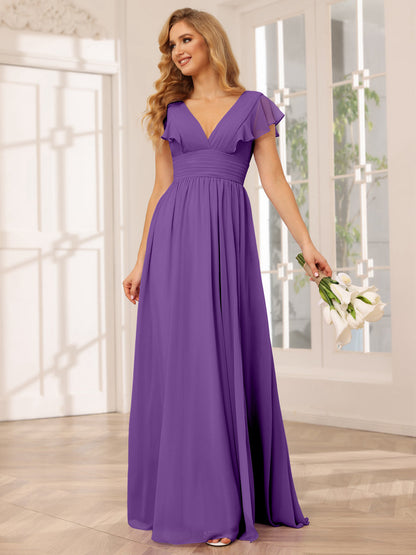 Vestidos Longos de Dama de Honra Evasê/Princesa com Decote Em V e Lado Dividido