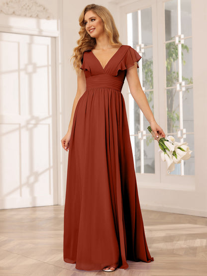 Vestidos Longos de Dama de Honra Evasê/Princesa com Decote Em V e Lado Dividido