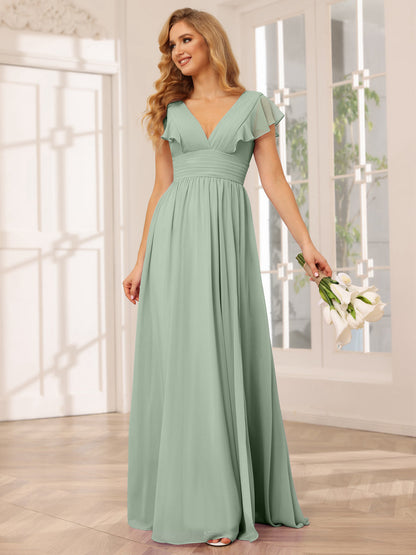 Vestidos Longos de Dama de Honra Evasê/Princesa com Decote Em V e Lado Dividido