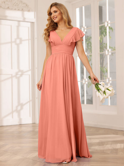 Vestidos Longos de Dama de Honra Evasê/Princesa com Decote Em V e Lado Dividido