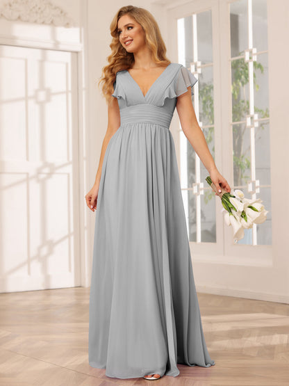Vestidos Longos de Dama de Honra Evasê/Princesa com Decote Em V e Lado Dividido