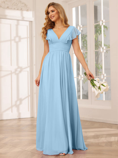 Vestidos Longos de Dama de Honra Evasê/Princesa com Decote Em V e Lado Dividido