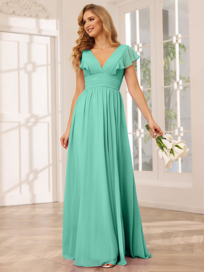 Vestidos Longos de Dama de Honra Evasê/Princesa com Decote Em V e Lado Dividido