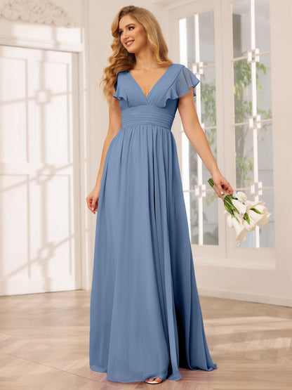 Vestidos Longos de Dama de Honra Evasê/Princesa com Decote Em V e Lado Dividido