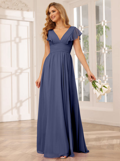 Vestidos Longos de Dama de Honra Evasê/Princesa com Decote Em V e Lado Dividido