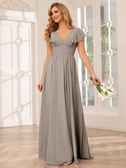 Vestidos Longos de Dama de Honra Evasê/Princesa com Decote Em V e Lado Dividido