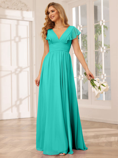 Vestidos Longos de Dama de Honra Evasê/Princesa com Decote Em V e Lado Dividido