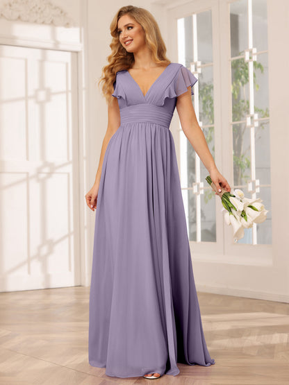 Vestidos Longos de Dama de Honra Evasê/Princesa com Decote Em V e Lado Dividido