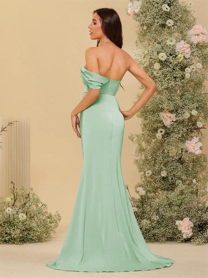 Vestidos Formais Longos com Bainha/Coluna Fora do Ombro e Laterais Divididas