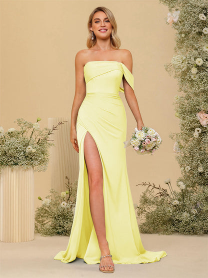 Vestidos Formais Longos com Bainha/Coluna Fora do Ombro e Laterais Divididas