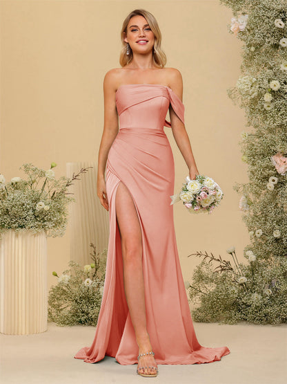 Vestidos Formais Longos com Bainha/Coluna Fora do Ombro e Laterais Divididas