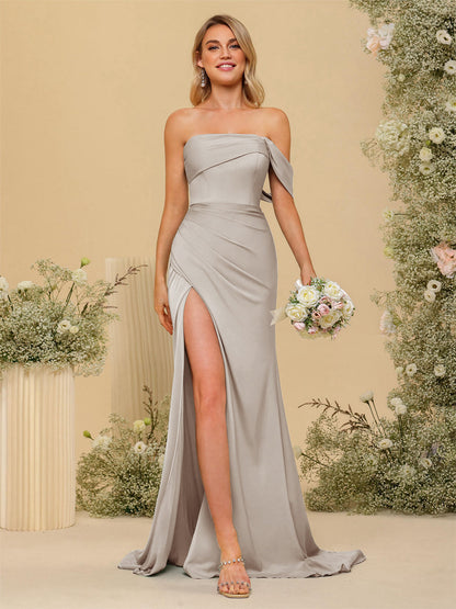 Vestidos Formais Longos com Bainha/Coluna Fora do Ombro e Laterais Divididas