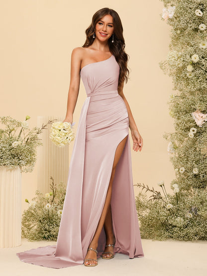 Vestidos Formais Longos de Um Ombro com Bainha/Coluna com Divisão Lateral e Franzido