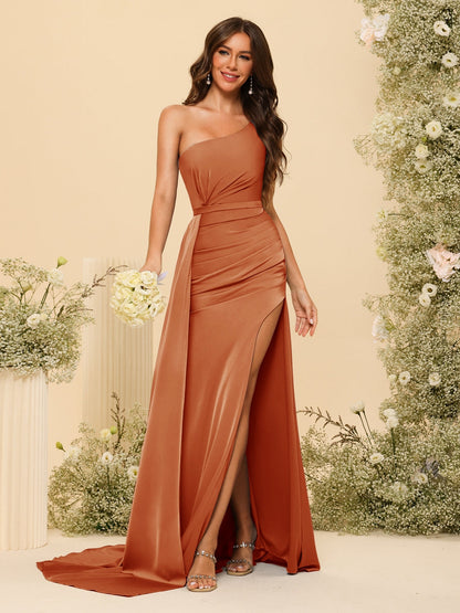 Vestidos Formais Longos de Um Ombro com Bainha/Coluna com Divisão Lateral e Franzido