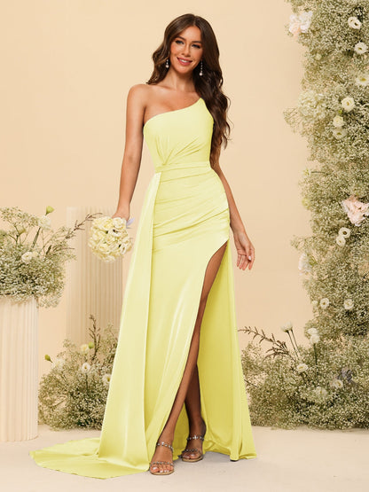 Vestidos Formais Longos de Um Ombro com Bainha/Coluna com Divisão Lateral e Franzido