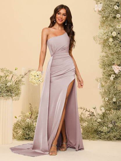 Vestidos Formais Longos de Um Ombro com Bainha/Coluna com Divisão Lateral e Franzido