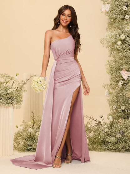Vestidos Formais Longos de Um Ombro com Bainha/Coluna com Divisão Lateral e Franzido
