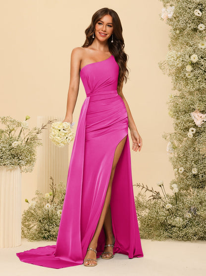 Vestidos Formais Longos de Um Ombro com Bainha/Coluna com Divisão Lateral e Franzido