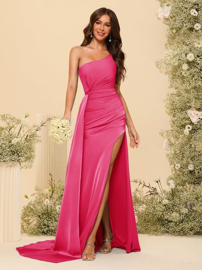 Vestidos Formais Longos de Um Ombro com Bainha/Coluna com Divisão Lateral e Franzido