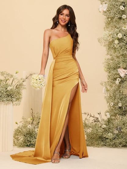 Vestidos Formais Longos de Um Ombro com Bainha/Coluna com Divisão Lateral e Franzido
