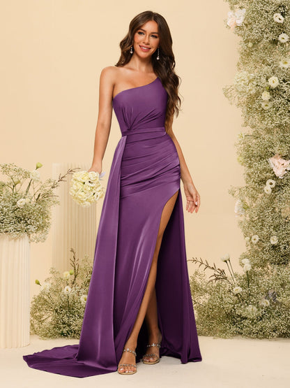 Vestidos Formais Longos de Um Ombro com Bainha/Coluna com Divisão Lateral e Franzido