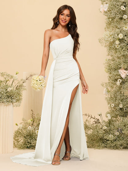 Vestidos Formais Longos de Um Ombro com Bainha/Coluna com Divisão Lateral e Franzido