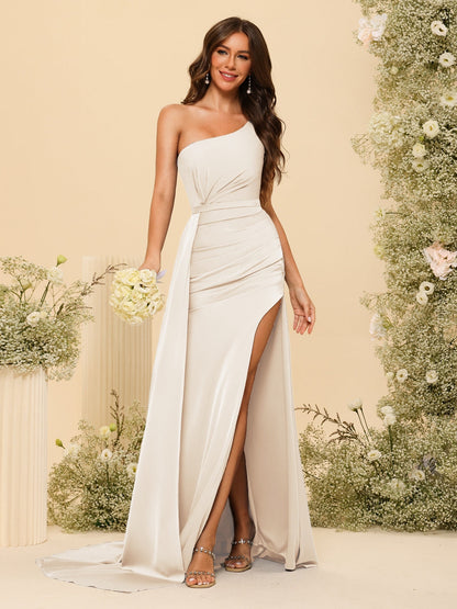 Vestidos Formais Longos de Um Ombro com Bainha/Coluna com Divisão Lateral e Franzido