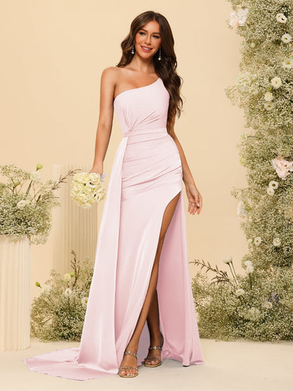 Vestidos Formais Longos de Um Ombro com Bainha/Coluna com Divisão Lateral e Franzido