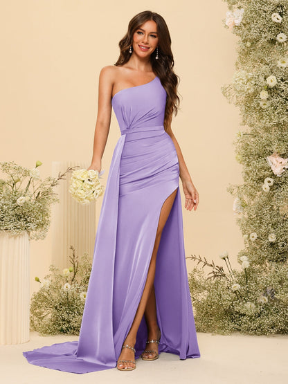 Vestidos Formais Longos de Um Ombro com Bainha/Coluna com Divisão Lateral e Franzido