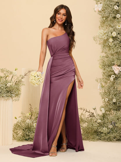 Vestidos Formais Longos de Um Ombro com Bainha/Coluna com Divisão Lateral e Franzido