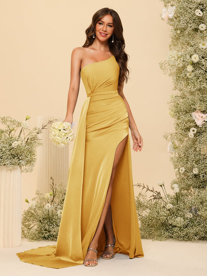 Vestidos Formais Longos de Um Ombro com Bainha/Coluna com Divisão Lateral e Franzido